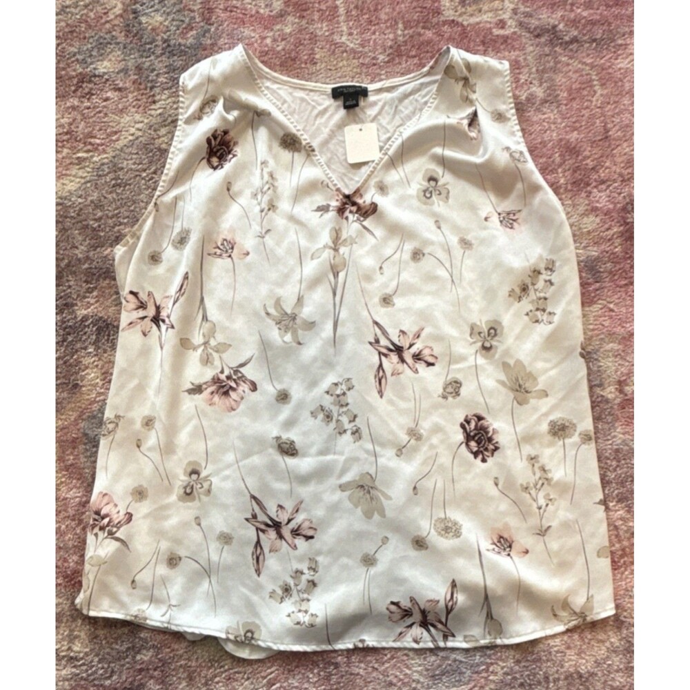 Ann Taylor Factory Women's White Pink Floral Sleeveless V-Neck Top Size L